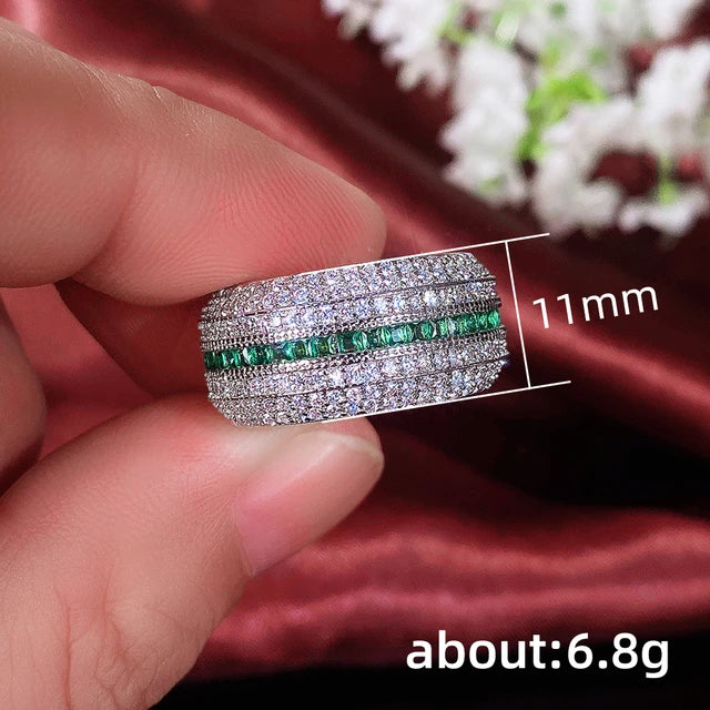 Green Emerald & Silver Multi-Row Pave Engagement Ring