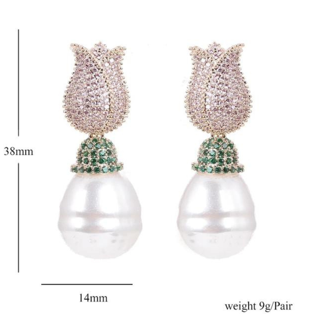 Tulip & Pearl Pavé Drop Earrings