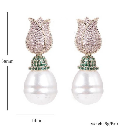 Tulip & Pearl Pavé Drop Earrings
