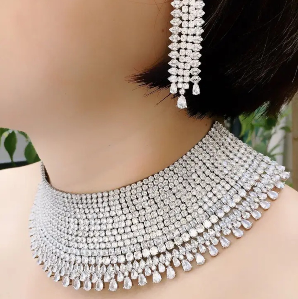 Diamond Simulant Multi-Pear Drop Choker & Jewelry Set
