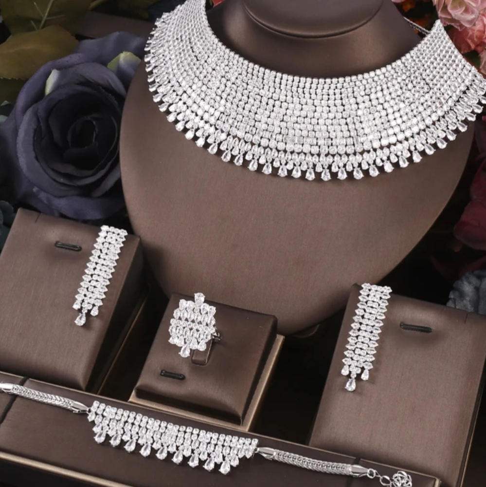 Diamond Simulant Multi-Pear Drop Choker & Jewelry Set