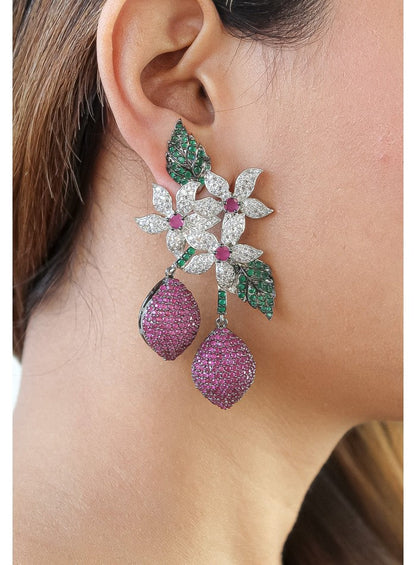 Floral Ruby & Diamond Drop Earrings with Enamel Leaves