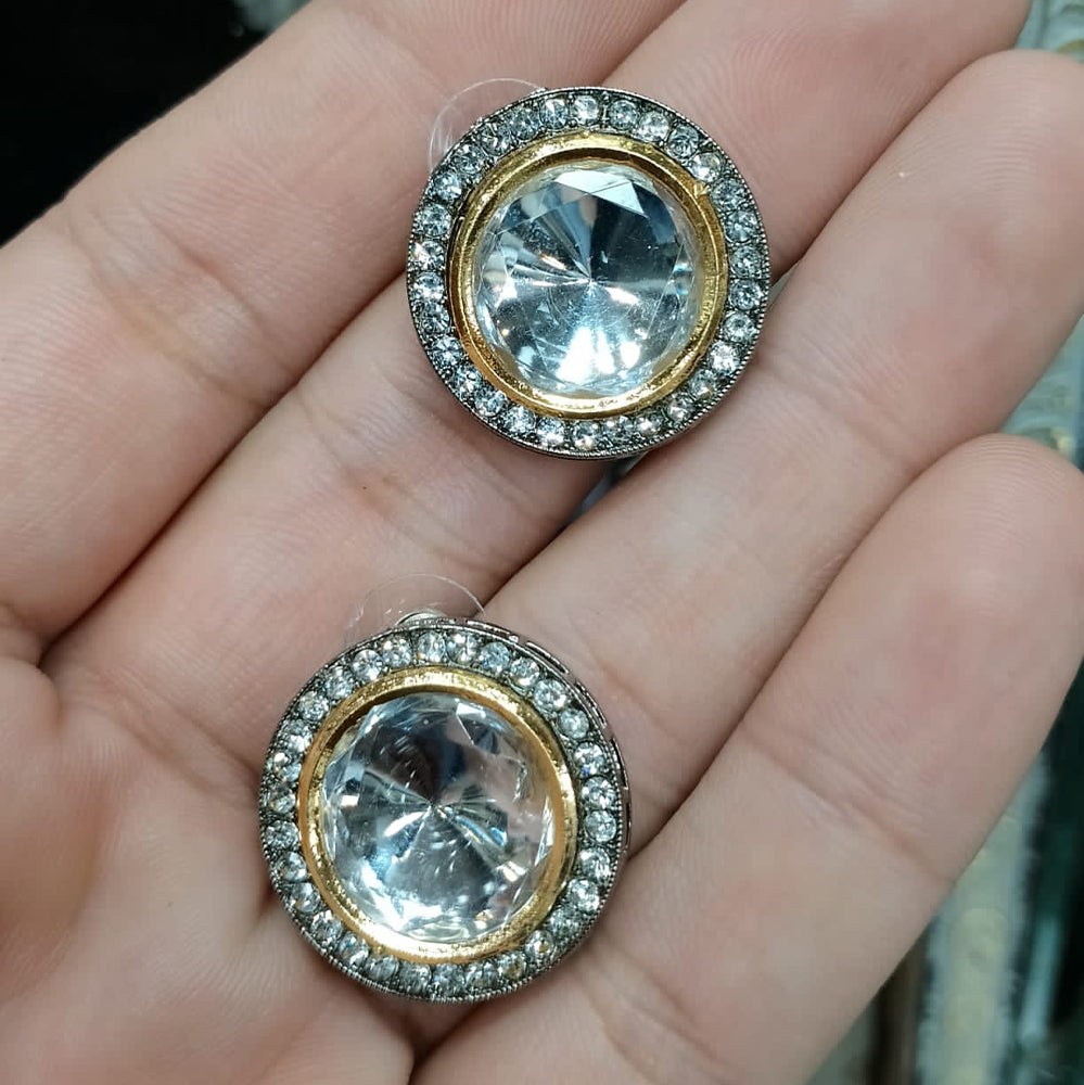Two-Tone Crystal Button Earrings with Mesh Halo