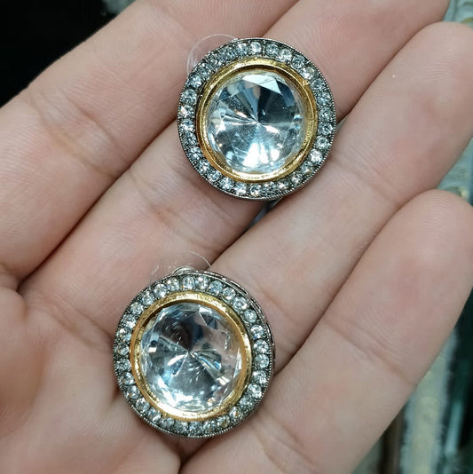 Two-Tone Crystal Button Earrings with Mesh Halo
