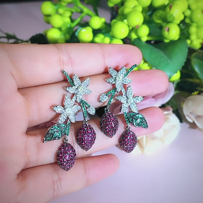 Floral Ruby & Diamond Drop Earrings with Enamel Leaves