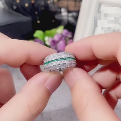 Green Emerald & Silver Multi-Row Pave Engagement Ring