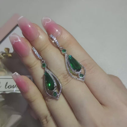 Emerald Green Teardrop Halo Hoop Earrings