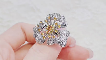 Pave Yellow and White Diamond Floral Ring