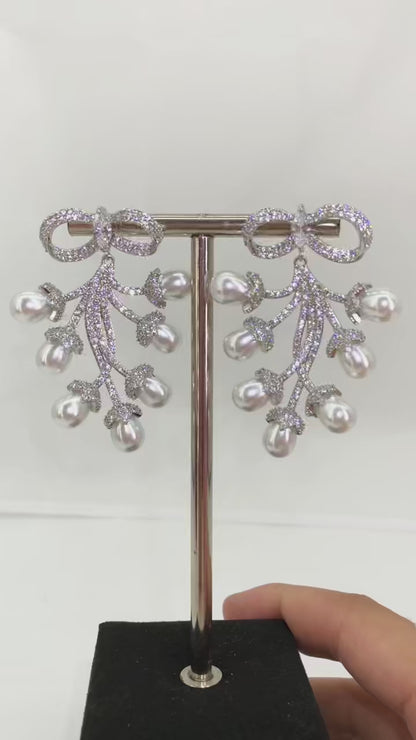 Crystal Bow Pearl Waterfall Earrings