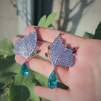 Blue Teardrop Purple Butterfly Earrings