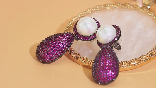 Magenta & Pearl Pavé Teardrop Earrings
