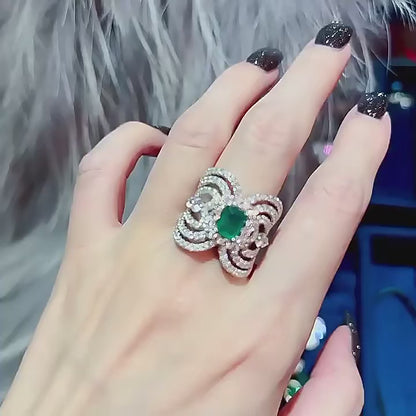 Emerald and Diamond Double Bow Statement Ring