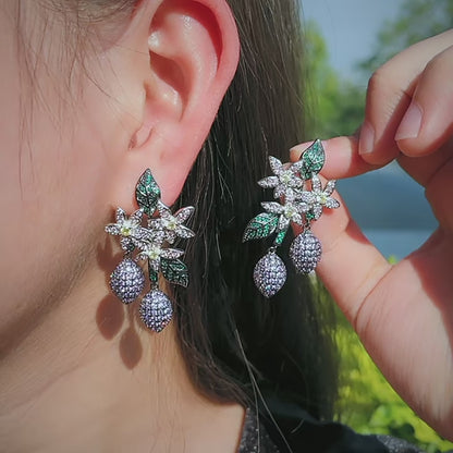 Floral Diamond Drop Earrings with Enamel Leaf Motif