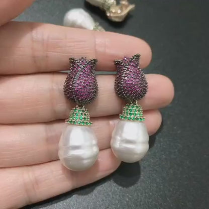 Tulip & Pearl Pavé Drop Earrings