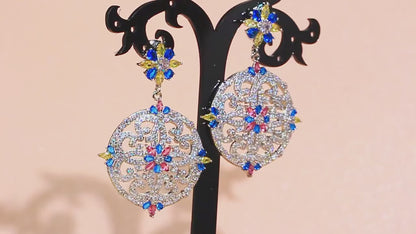 Vintage Hollow Round Flower Drop CZ Zirconia Earrings