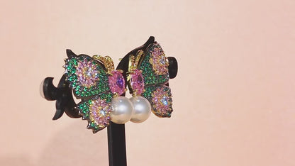 Butterfly Green & Pink Pearl Drop Earrings