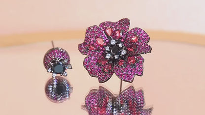 Crystal Pavé Pink Rose Flower Long Stem Earrings