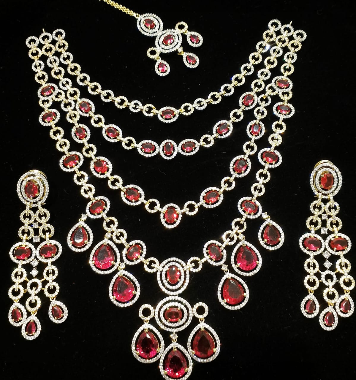 Layered  Zircon Necklace Set with Earrings & Maang Tikka