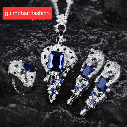 Emerald Zirconia Panther Green & Blue Jewelry Set