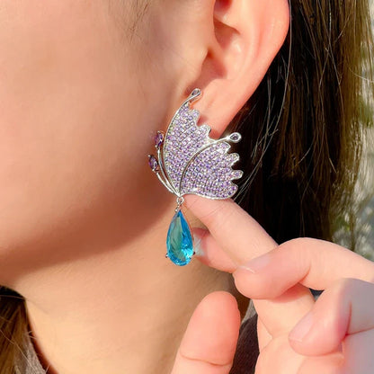 Blue Teardrop Purple Butterfly Earrings