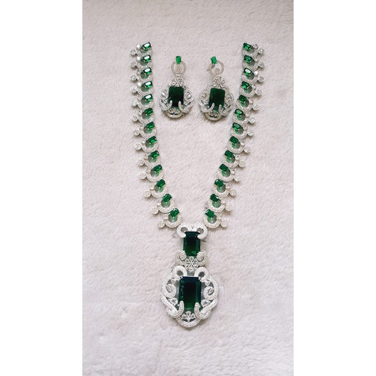 Emerald Shaped Halo Earrings & Necklace Set