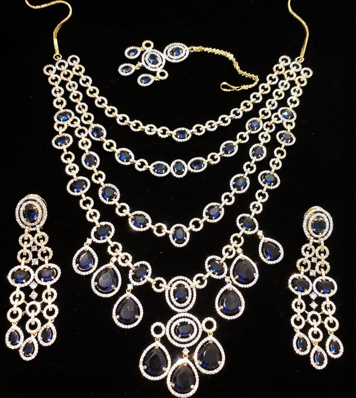 Layered  Zircon Necklace Set with Earrings & Maang Tikka