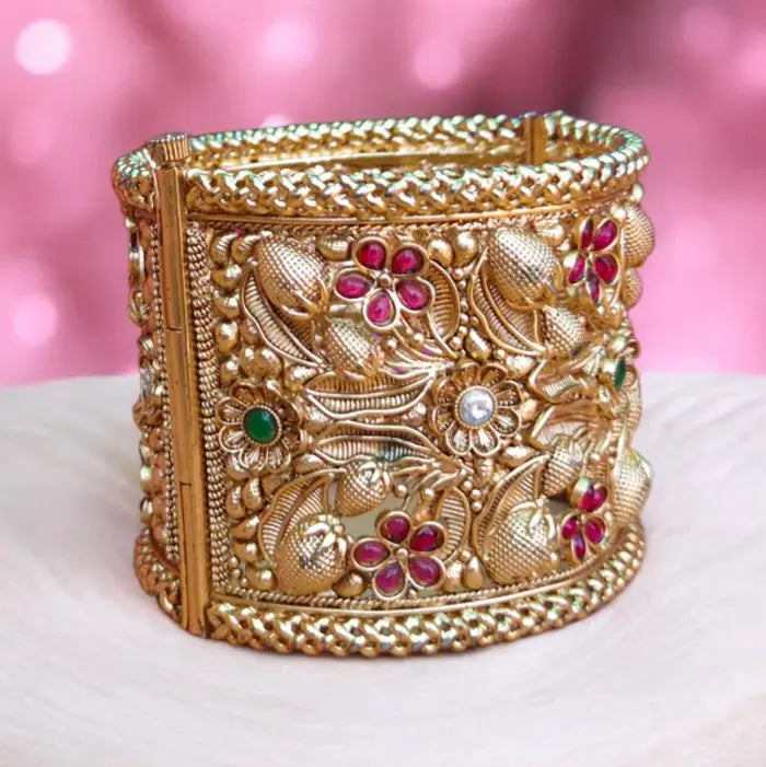 Gold 3D Flower Leaf Ruby Openable Wide Cuff Bangle