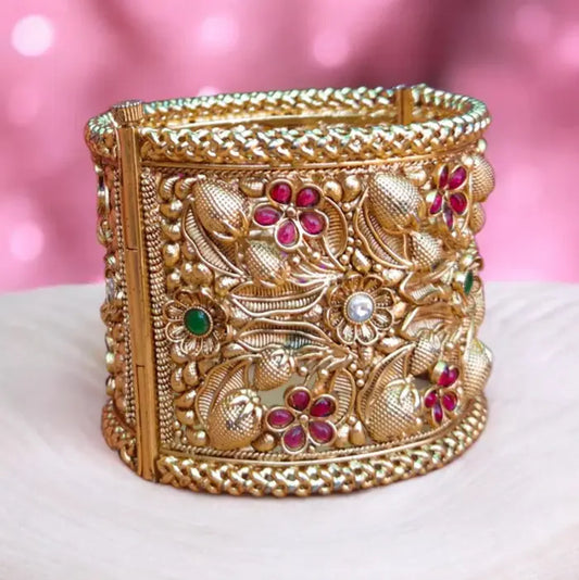 Gold 3D Flower Leaf Ruby Openable Wide Cuff Bangle