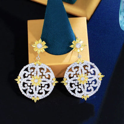 Vintage Hollow Round Flower Drop CZ Zirconia Earrings