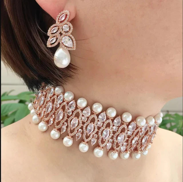 Rose Gold Pearl and Marquise Zirconia Choker Set