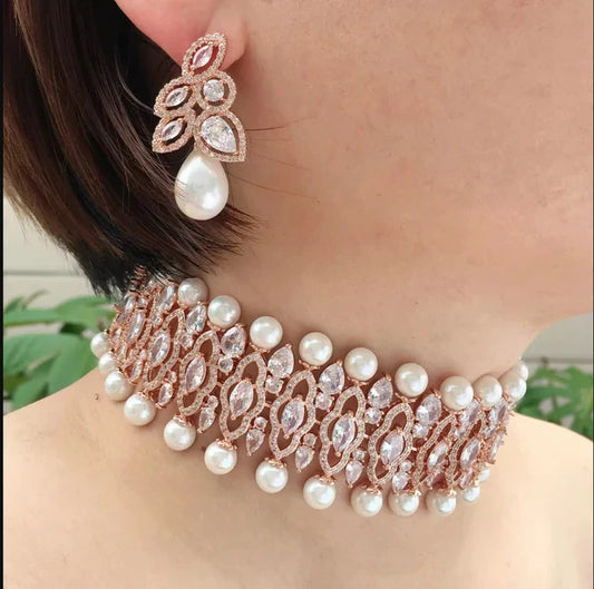 Rose Gold Pearl and Marquise Zirconia Choker Set
