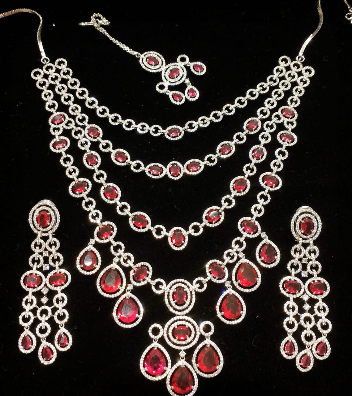 Layered  Zircon Necklace Set with Earrings & Maang Tikka