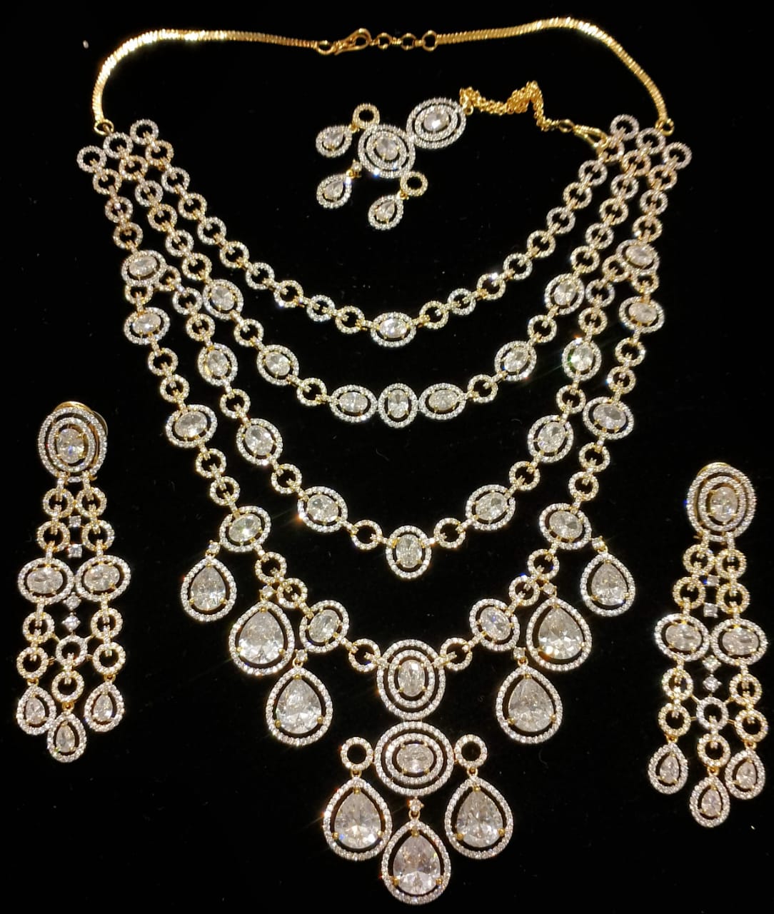 Layered  Zircon Necklace Set with Earrings & Maang Tikka