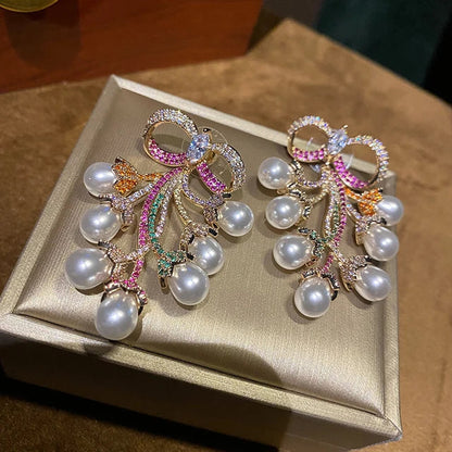 Crystal Bow Pearl Waterfall Earrings