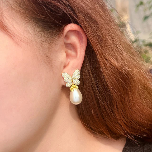 Butterfly Pearl Drop Earrings