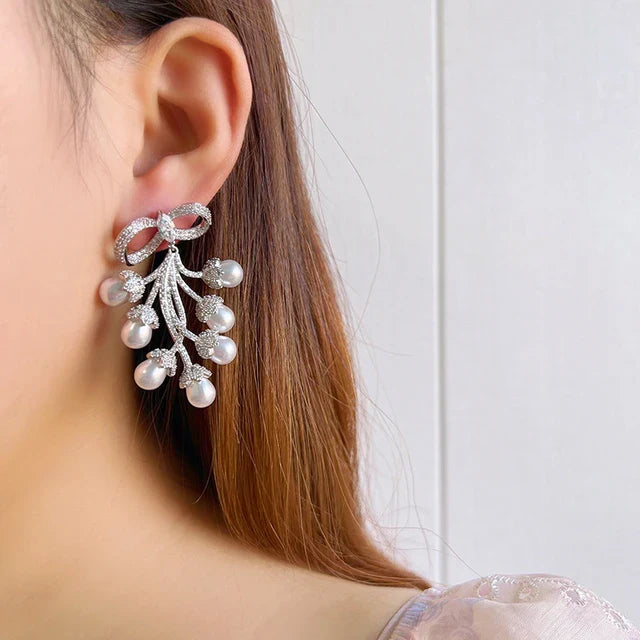 Crystal Bow Pearl Waterfall Earrings