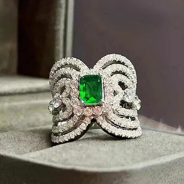Emerald and Diamond Double Bow Statement Ring