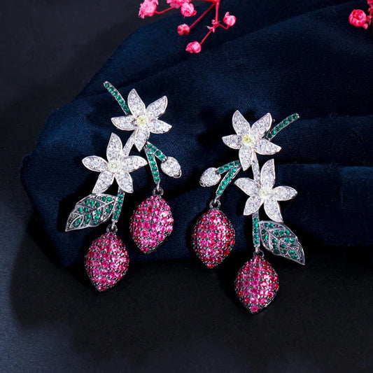 Floral Ruby & Diamond Drop Earrings with Enamel Leaves