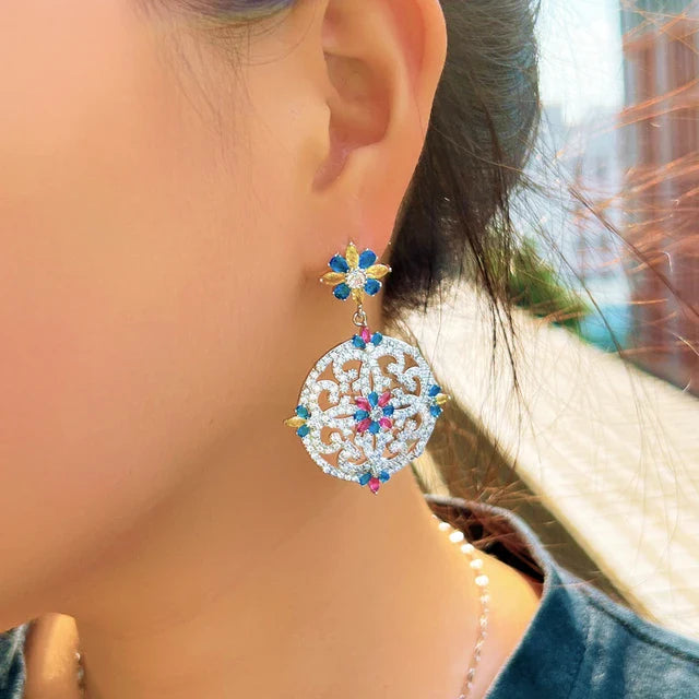 Vintage Hollow Round Flower Drop CZ Zirconia Earrings