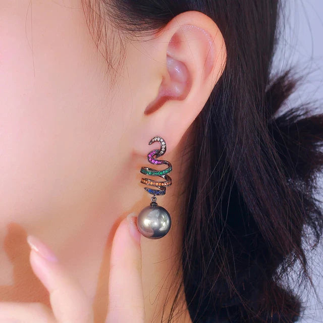 Swan Spiral Pearl Drop Earrings