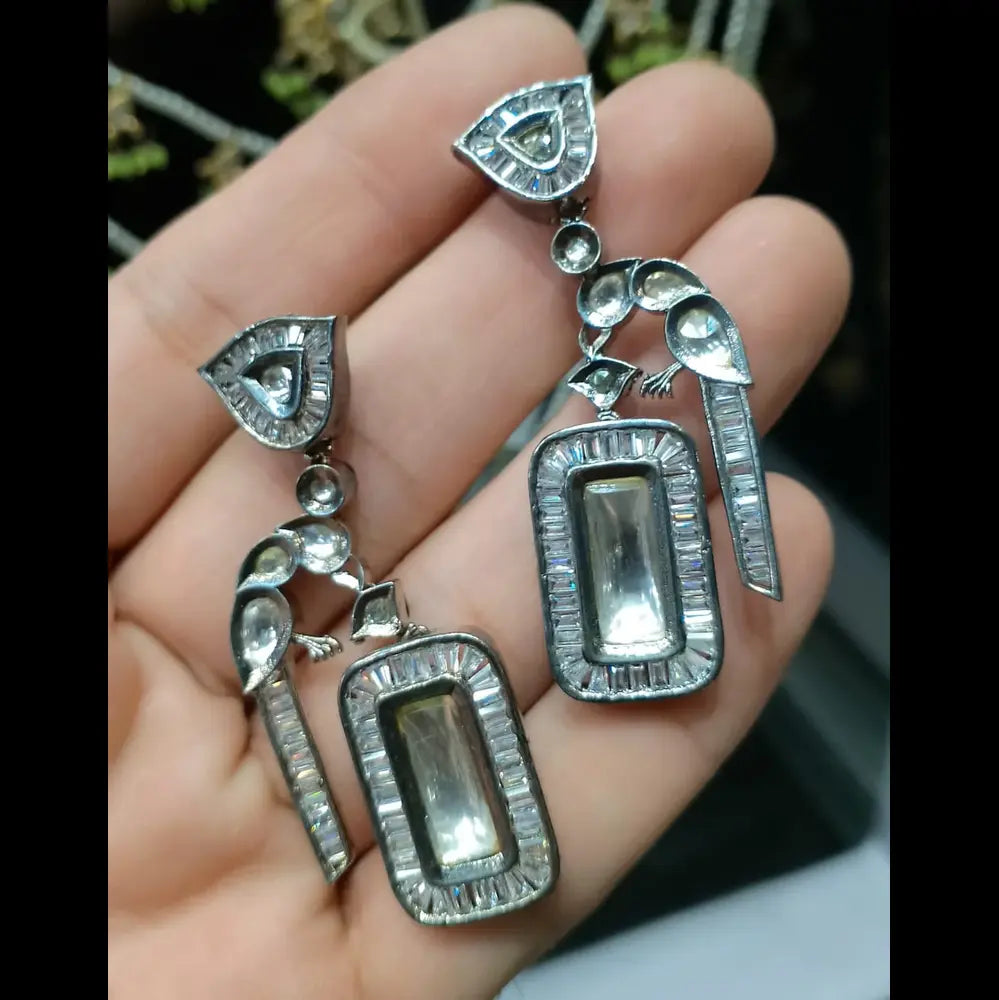 Vintage Bird and Geometric Crystal Drop Earrings