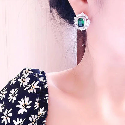 Green Emerald and Diamond Halo Stud Earrings