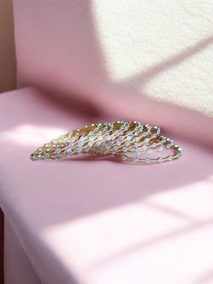 Yellow Gold CZ Zircon Wave Row Stackable Thin Bangle Set