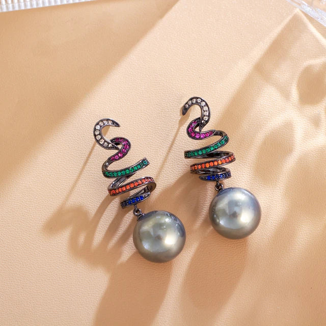 Swan Spiral Pearl Drop Earrings