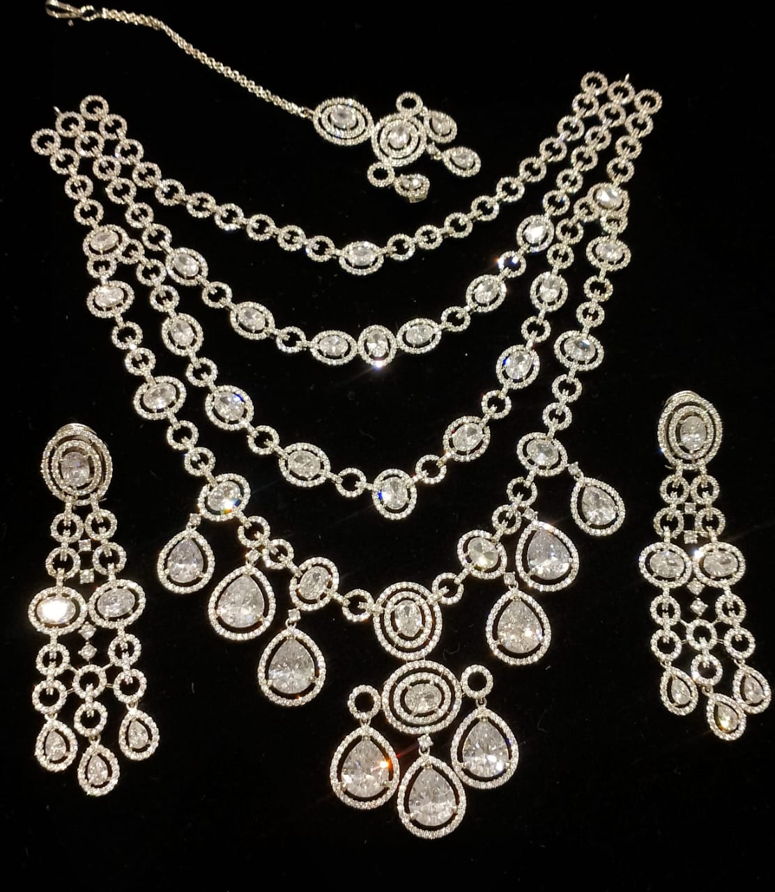 Layered  Zircon Necklace Set with Earrings & Maang Tikka