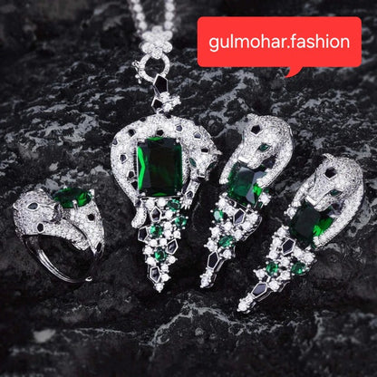 Emerald Zirconia Panther Green & Blue Jewelry Set