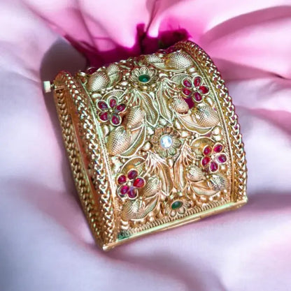 Gold 3D Flower Leaf Ruby Openable Wide Cuff Bangle