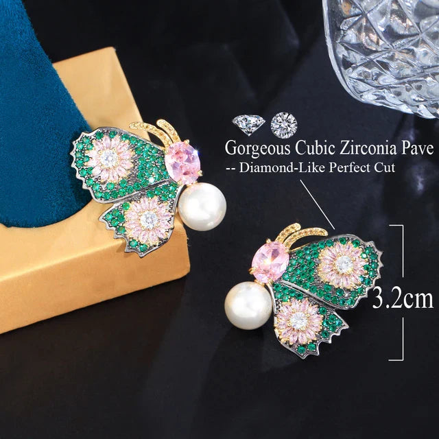 Butterfly Green & Pink Pearl Drop Earrings