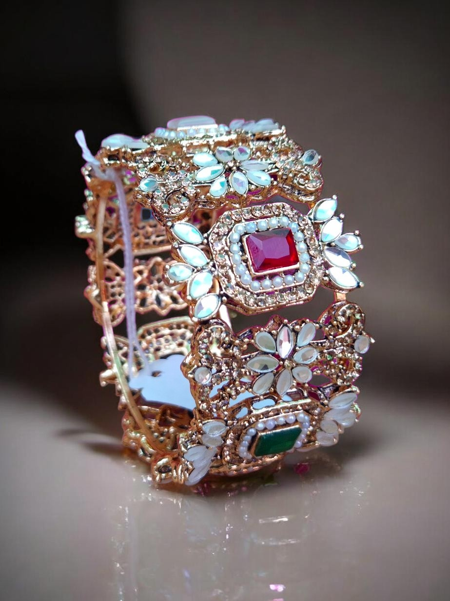 Rose Gold Ruby Emerald Opal Kundan Floral Wide Cuff Bangle