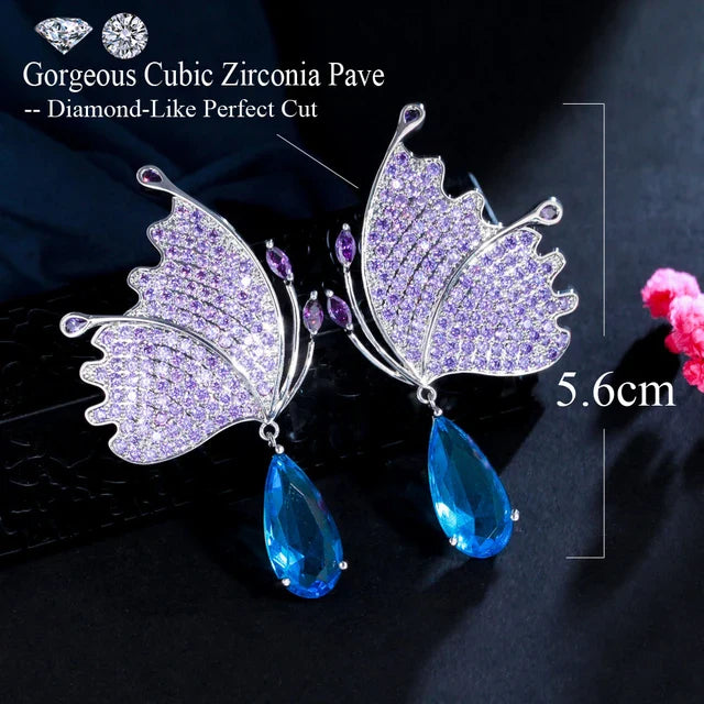 Blue Teardrop Purple Butterfly Earrings